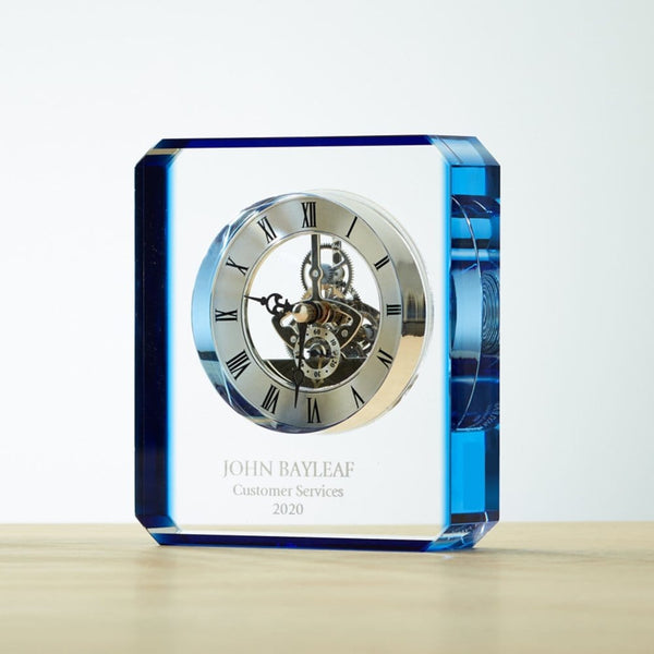 Crystal Clock Award, inset skeleton timepiece, engravable on face with personalized name or logo.