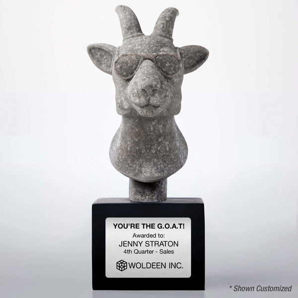 Baudville awards presents a resin trophy featuring a detailed goat head sculpture mounted on a black base with laser-engraved personalization.