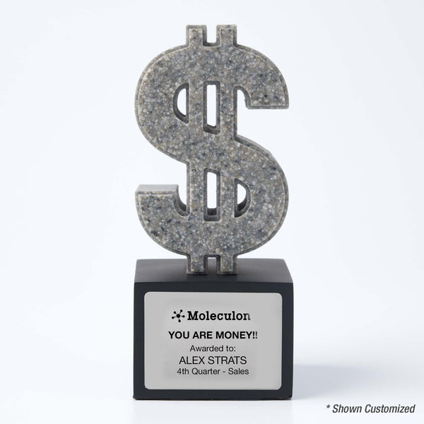 Stone-look trophy shaped like a dollar sign mounted on a black base for a playful corporate recognition award.