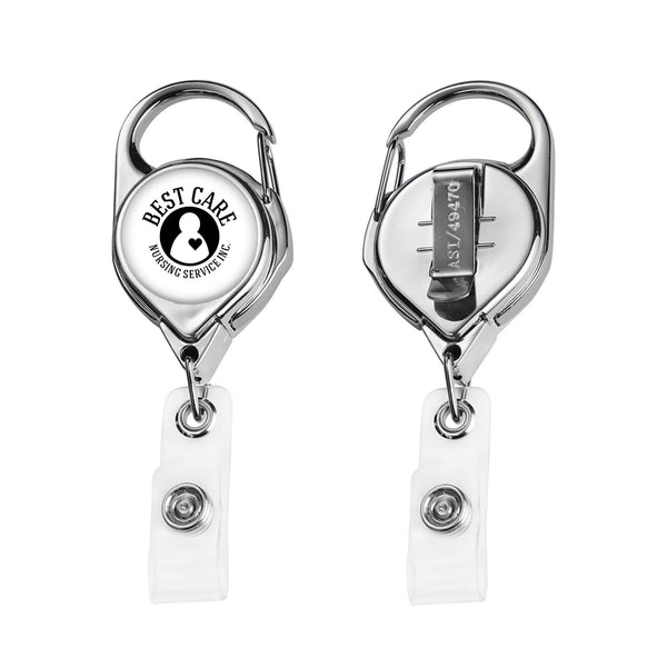 Add Your Logo: Chrome Carabiner Badge Reel with Belt Clip