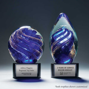 Art Glass Trophy - Blue and Gold Glitter Sphere