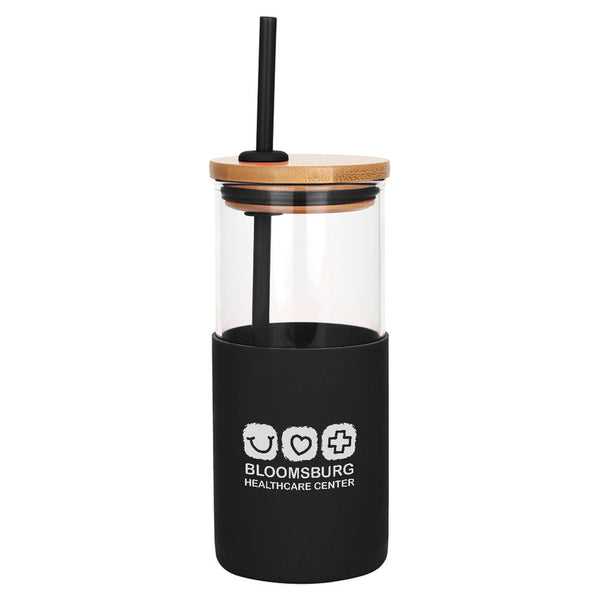 Add Your Logo: 18oz DeskSide Glass Cup with Bamboo Lid
