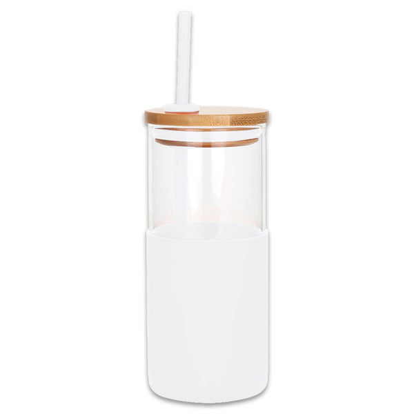 Add Your Logo: 18oz DeskSide Glass Cup with Bamboo Lid