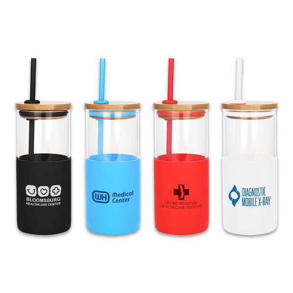 Add Your Logo: 18oz DeskSide Glass Cup with Bamboo Lid
