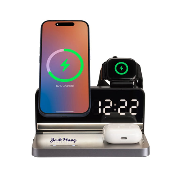 Add Your Logo: 3-in-1 MagSafe Wireless Charging Station Alarm Clock