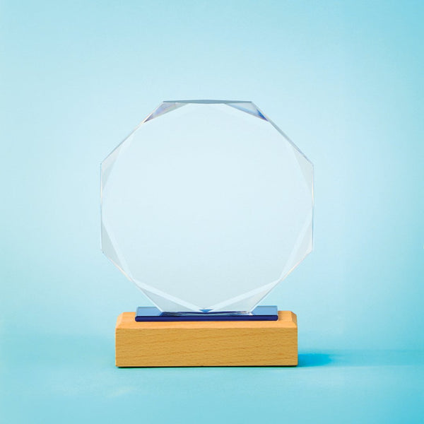 A clear faceted octagonal acrylic or glass award plaque mounted on a light wood base with a small blue accent, photographed against a soft light blue studio background.
