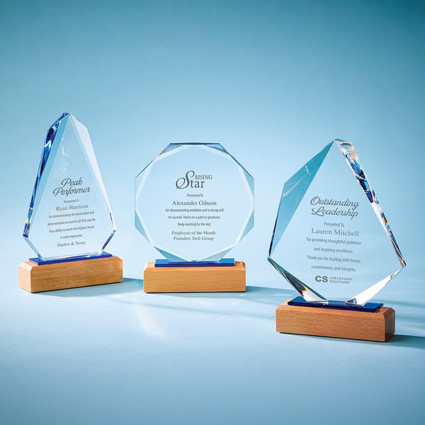 Three clear acrylic award plaques with engraved text, mounted on light wood bases with blue backing, arranged on a smooth light blue studio surface.